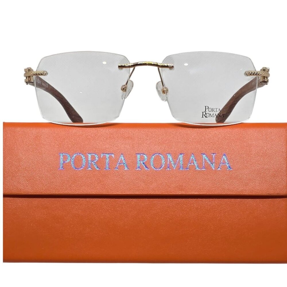 Porta Romana gold Eyeglasses  with wooden temples and Case
